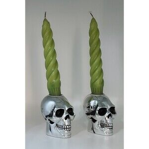 Halloween Candlesticks Skull Candle Holder Set Small Taper Pair Mirrored Silver